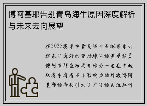 博阿基耶告别青岛海牛原因深度解析与未来去向展望